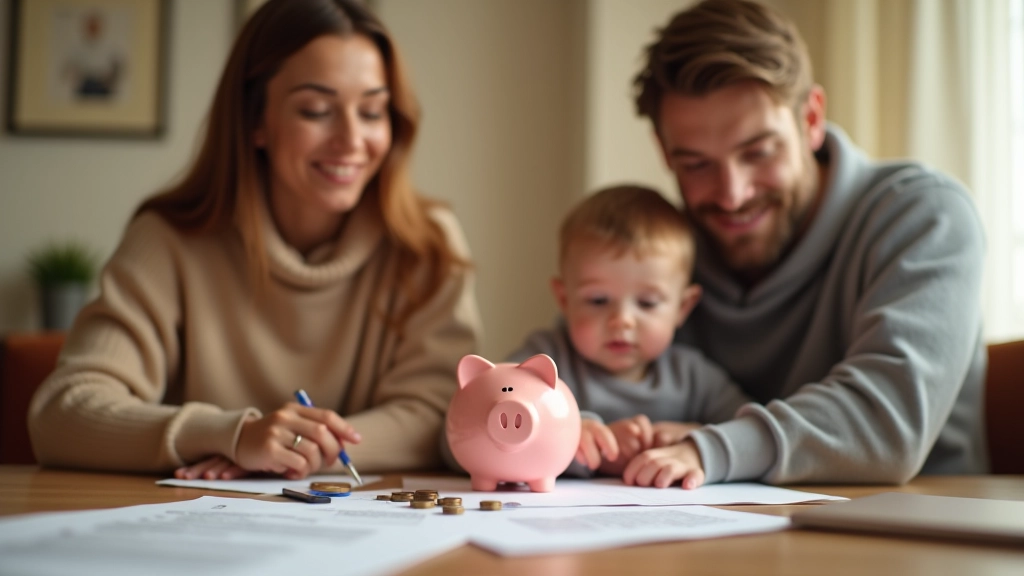 Ģimene sēž pie galda ar uzkrājumu pūlī un monētām, diskutējot par finanšu plānošanu